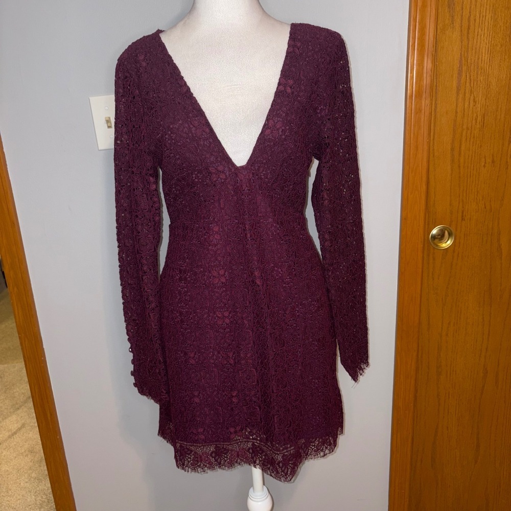 Free People Honey Honey mini dress Burgundy Lace V-Neck Open Back Long Sleeve - Picture 3 of 13